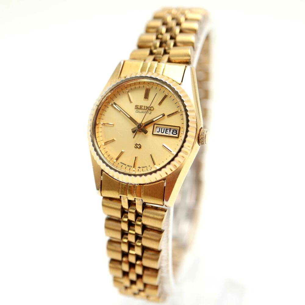 Seiko SQ Presidential Ladies Gold Tone 24mm Day Date Watch 3E23-0A60 New Battery